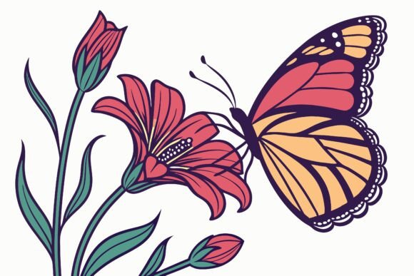 A Colorful Butterfly Landing on a Flower: Graphics & Illustrations
