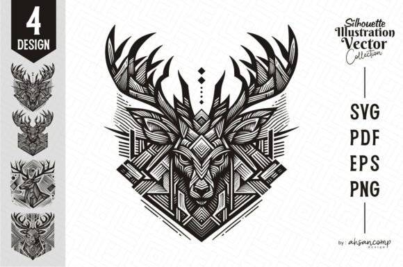 Deer Head Woodcut Engraving Vector 2: Illustrations & Graphics