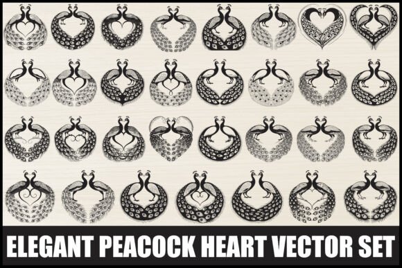 Elegant Peacock Heart Vector Set: Premium Graphics & Illustrations