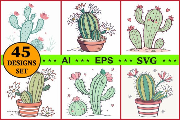Floral Cactus Clipart Vector Bundle Set