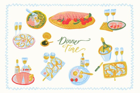 Hand-Drawn Dinner Time Food and Drink Graphics