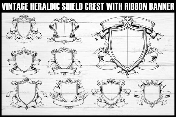 Hand-Drawn Heraldic Shield and Ribbon Graphics