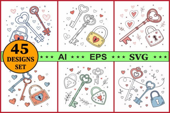 Love Lock Heart with Key Vector Set: Graphics & Illustrations