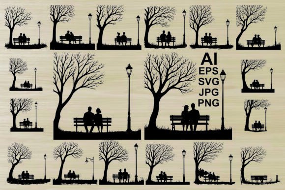 Romantic Couple Sitting on a Bench Graphics