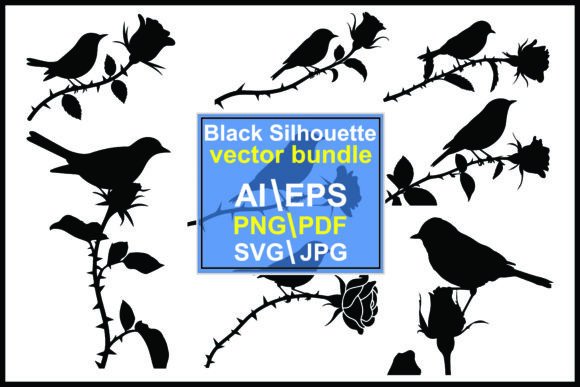 Silhouette Birds Perched on Rose Branch Graphics