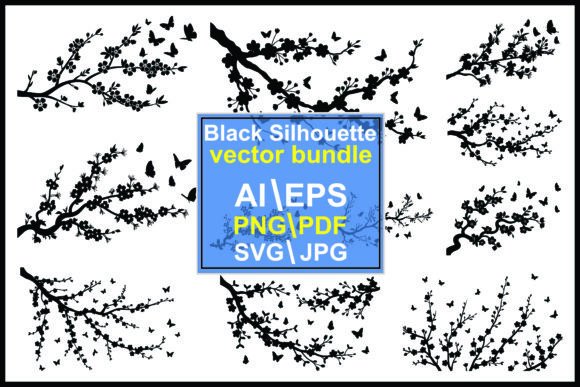 Silhouette Butterflies Branches Nature Graphics & Illustrations
